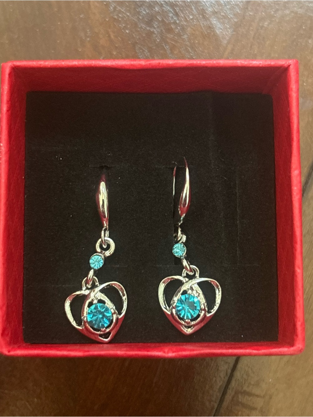 Silver-Tone Heart Drop Earrings with Blue Crystal Accent